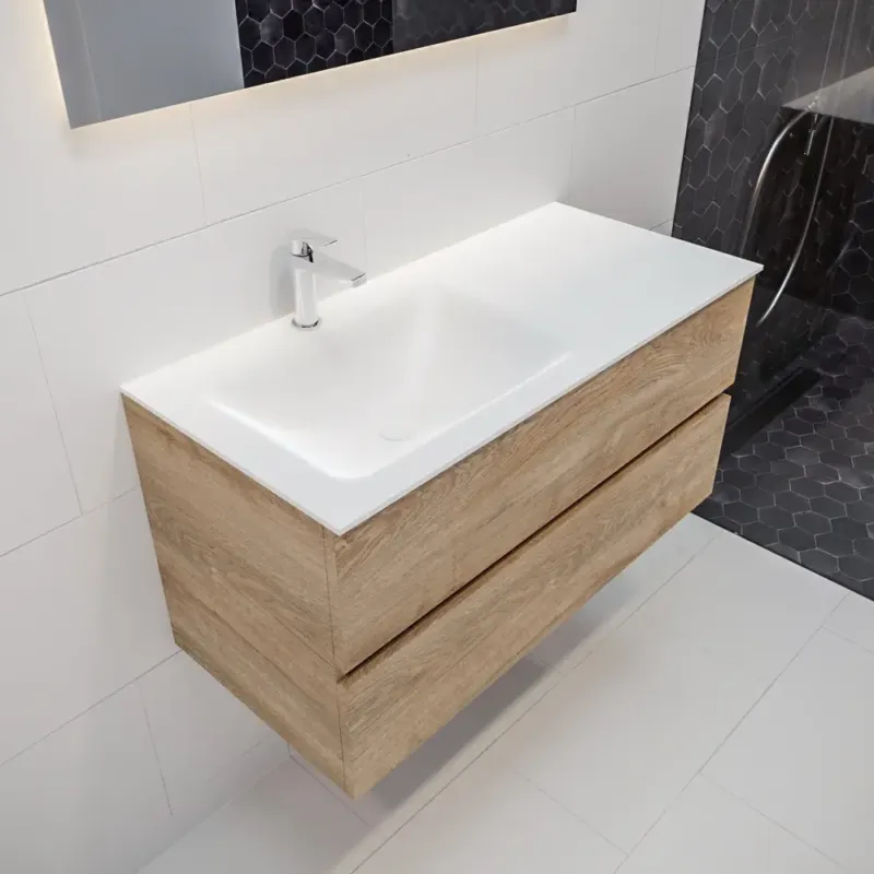 Aanbieding Mondiaz Vica 100cm badmeubel washed oak 2 lades wastafel Cloud links 1 kraangat