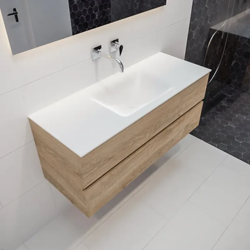 Weekendaanbieding Mondiaz Vica 120cm badmeubel washed oak 2 lades wastafel Cloud midden geen kraangat