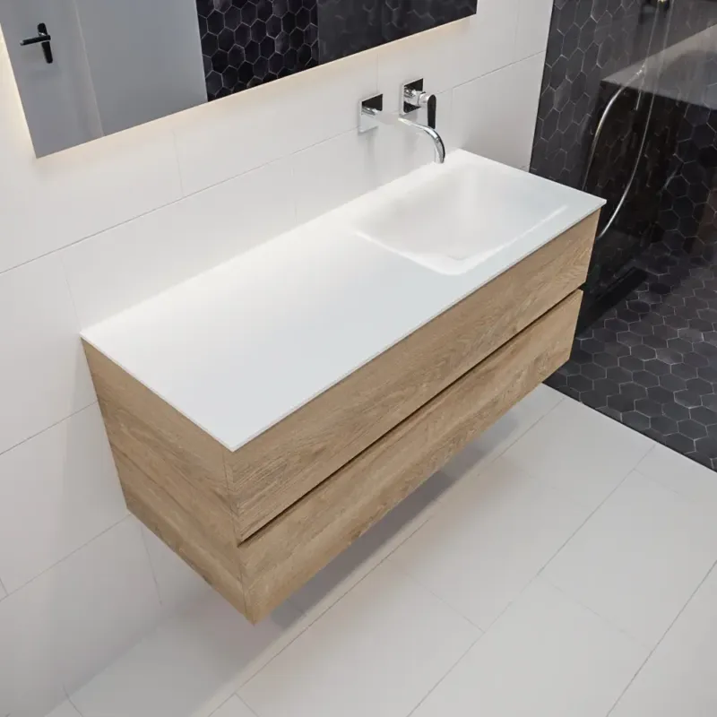Fabrieksprijs Mondiaz Vica 120cm badmeubel washed oak 2 lades wastafel Cloud rechts geen kraangat
