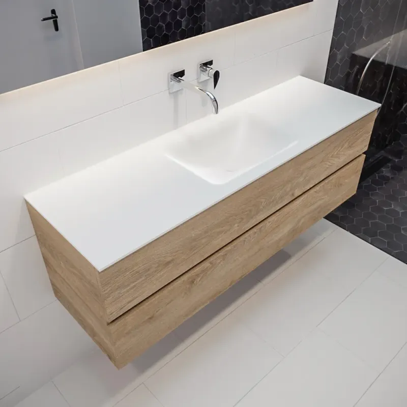Laatste Kans Mondiaz Vica 150cm badmeubel washed oak 2 lades wastafel Cloud midden geen kraangat