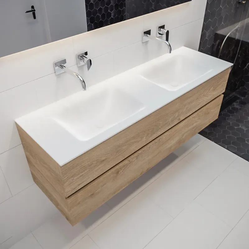 Mondiaz Vica 150cm badmeubel washed oak 2 lades wastafel Cloud dubbel geen kraangat Favoriet