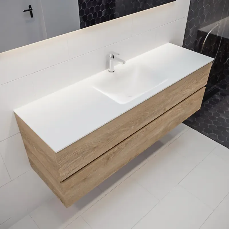 Mondiaz Vica 150cm badmeubel washed oak 2 lades wastafel Cloud midden 1 kraangat Gratis Retour