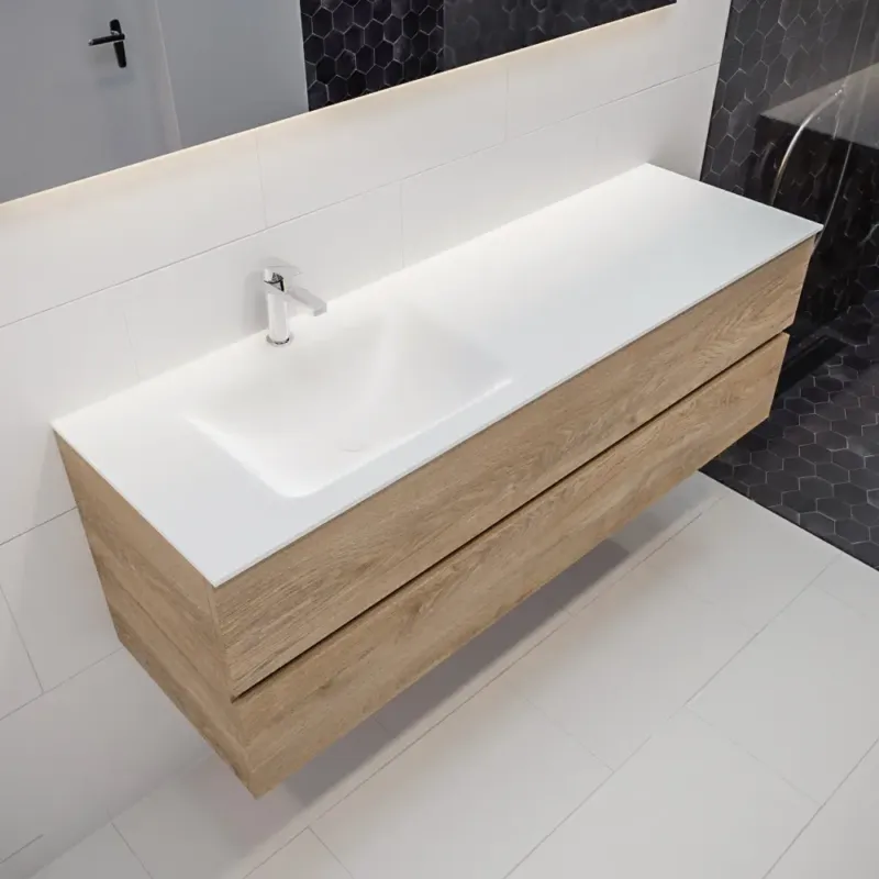 Lage Kosten Mondiaz Vica 150cm badmeubel washed oak 2 lades wastafel Cloud links 1 kraangat