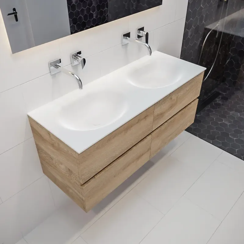 Betaalbaar Mondiaz Vica 120cm badmeubel washed oak 4 lades wastafel Moon dubbel geen kraangat
