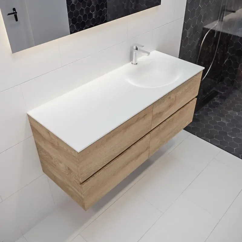Korting Mondiaz Vica 120cm badmeubel washed oak 4 lades wastafel Moon rechts 1 kraangat