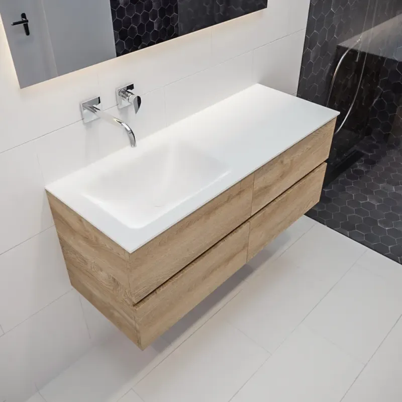 Mondiaz Vica 120cm badmeubel washed oak 4 lades wastafel Cloud links geen kraangat Express Levering