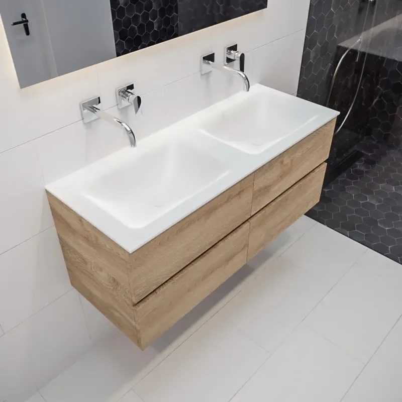 Bestel Nu Mondiaz Vica 120cm badmeubel washed oak 4 lades wastafel Cloud dubbel geen kraangat