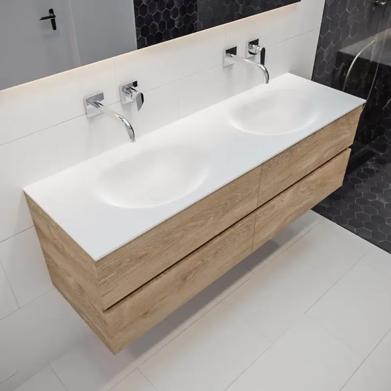 Meest Verkocht Mondiaz Vica 150cm badmeubel washed oak 4 lades wastafel Moon dubbel geen kraangat