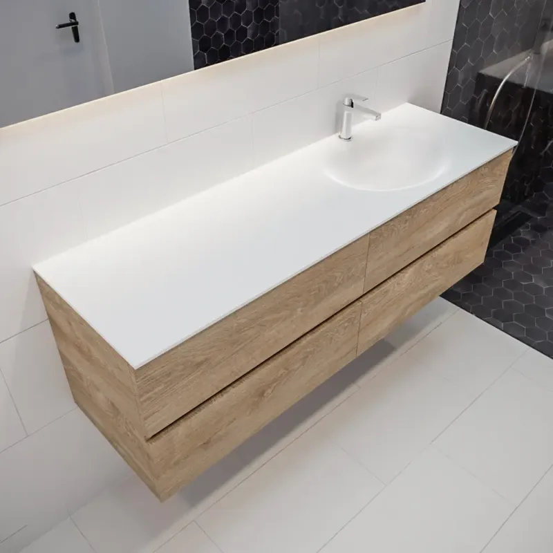 Veilige Betaling Mondiaz Vica 150cm badmeubel washed oak 4 lades wastafel Moon rechts 1 kraangat