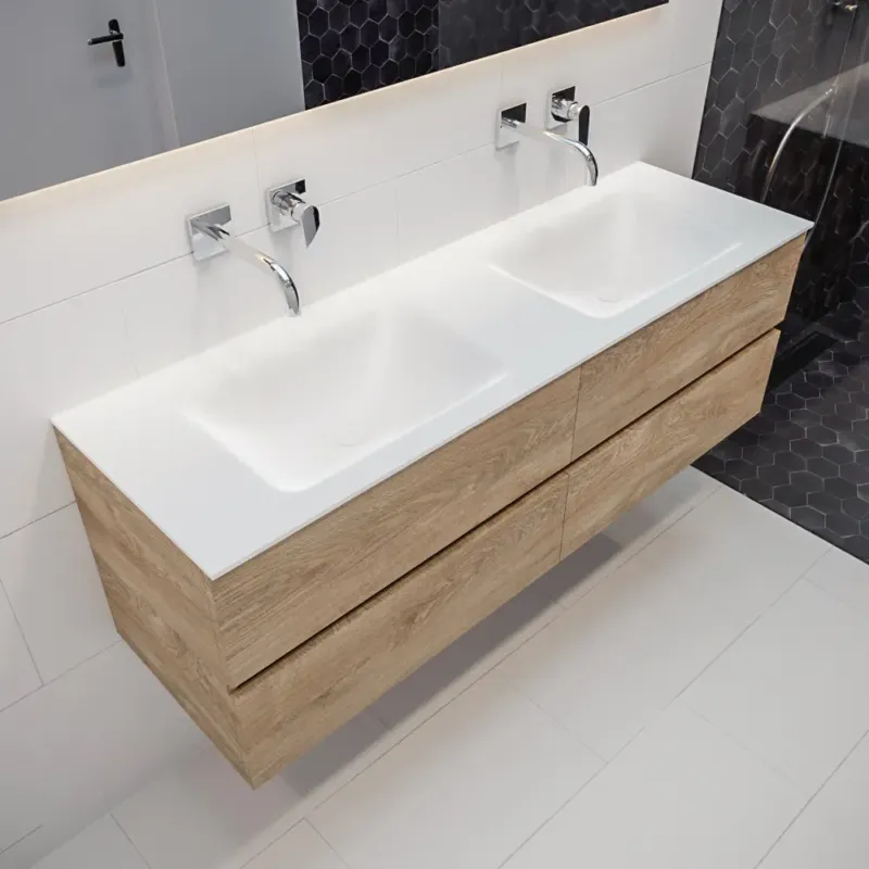 Gereduceerde Prijs Mondiaz Vica 150cm badmeubel washed oak 4 lades wastafel Cloud dubbel geen kraangat