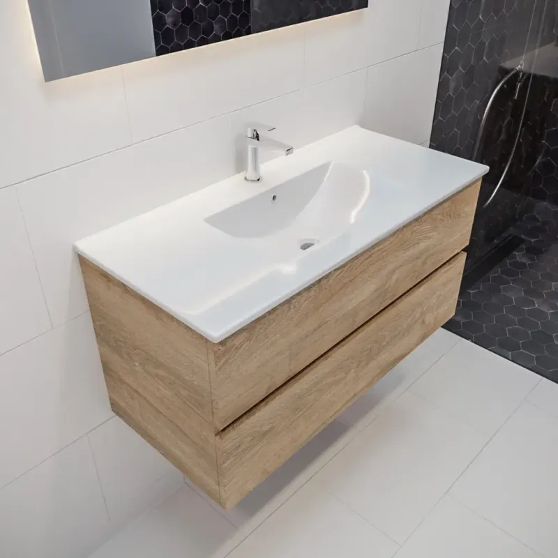 Mondiaz Vica 100cm badmeubel washed oak 2 lades wastafel Denia midden 1 kraangat Favoriet