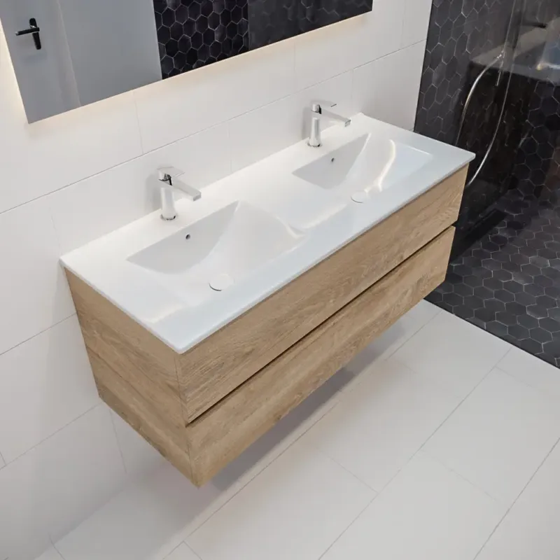 Meest Verkocht Mondiaz Vica 120cm badmeubel washed oak 2 lades wastafel Denia dubbel 2 kraangaten