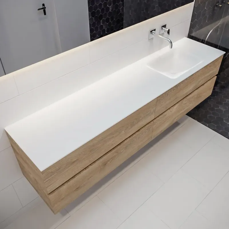 Voordeelprijs Mondiaz Vica 200cm badmeubel washed oak 4 lades wastafel Cloud rechts geen kraangat