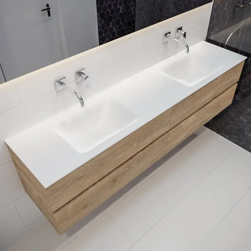 Bestseller Mondiaz Vica 200cm badmeubel washed oak 4 lades wastafel Cloud dubbel geen kraangat