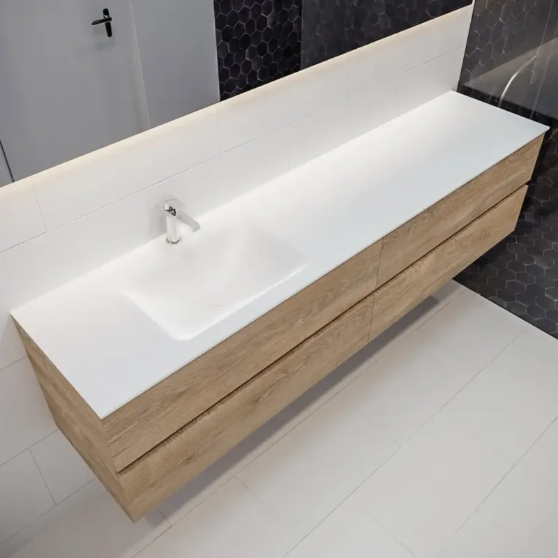 Merkproduct Mondiaz Vica 200cm badmeubel washed oak 4 lades wastafel Cloud links 1 kraangat