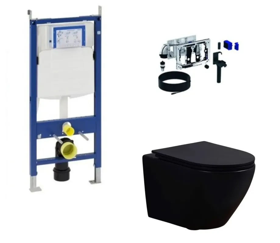 Complete Geberit Duofresh toiletset met Saniclear Itsie matzwart randloos toilet en drukplaat. Zelf samenstellen! Op = Op