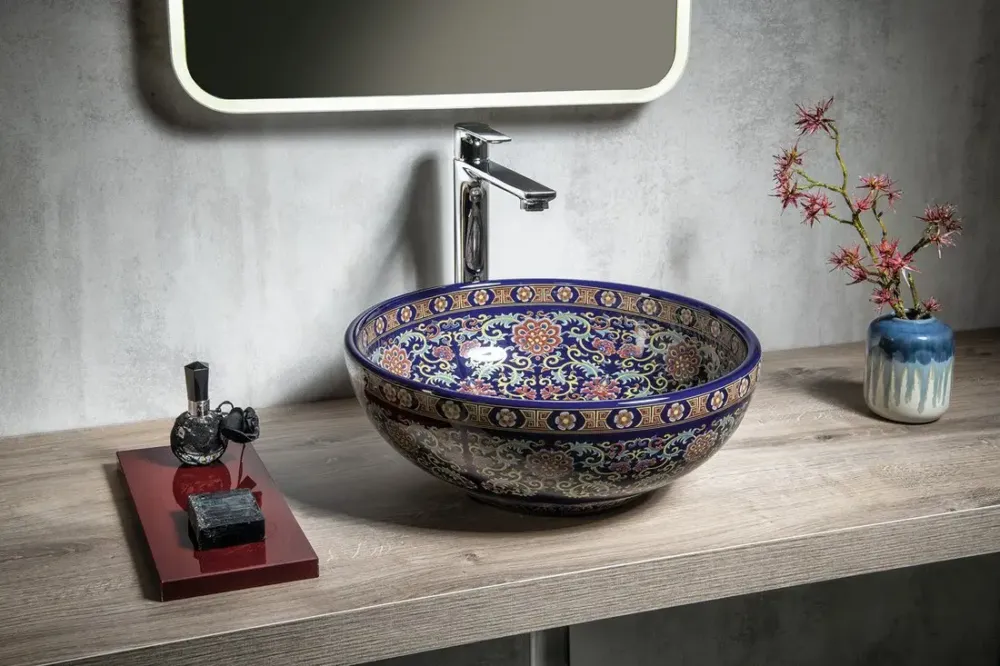 Koop Vandaag Sapho Priori keramische ronde waskom 40cm paars met ornamenten