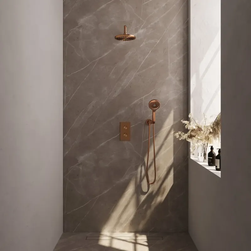 Betaalbaar Brauer Copper Edition complete inbouw regendouche met 3 standen handdouche, gebogen wandarm en hoofddouche 20cm set 33 koper geborsteld PVD