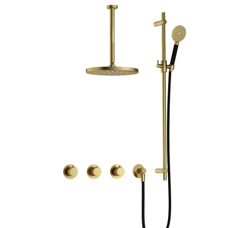 Hotbath Cobber X IBSX70 inbouwdouche met ronde handdouche, 30cm plafondbuis, 30cm hoofddouche en glijstang geborsteld messing PVD Superprijs