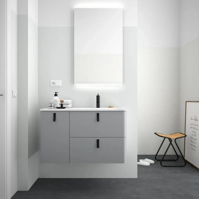 Muebles Unique badmeubel 90cm rechts humo grijs met zwarte grepen Hoge Kwaliteit