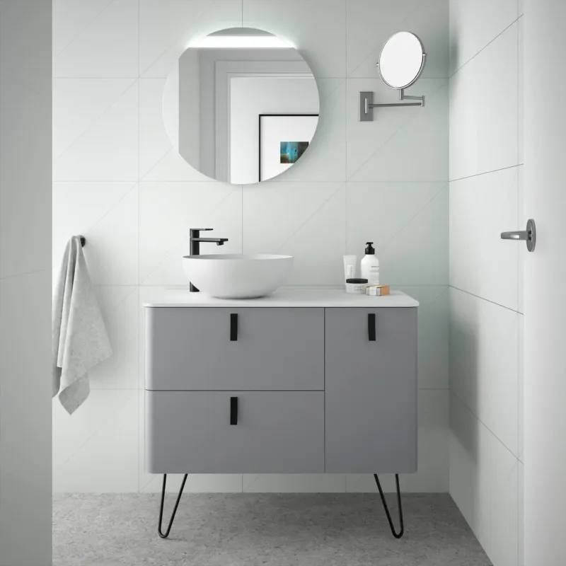 Actieprijs Muebles Unique badmeubel 90cm links humo grijs met waskom en zwarte grepen