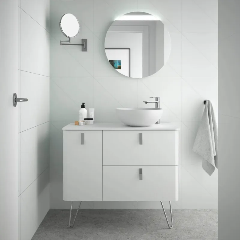 Aanbieding Muebles Unique badmeubel 90cm rechts mat wit met waskom en chromen grepen