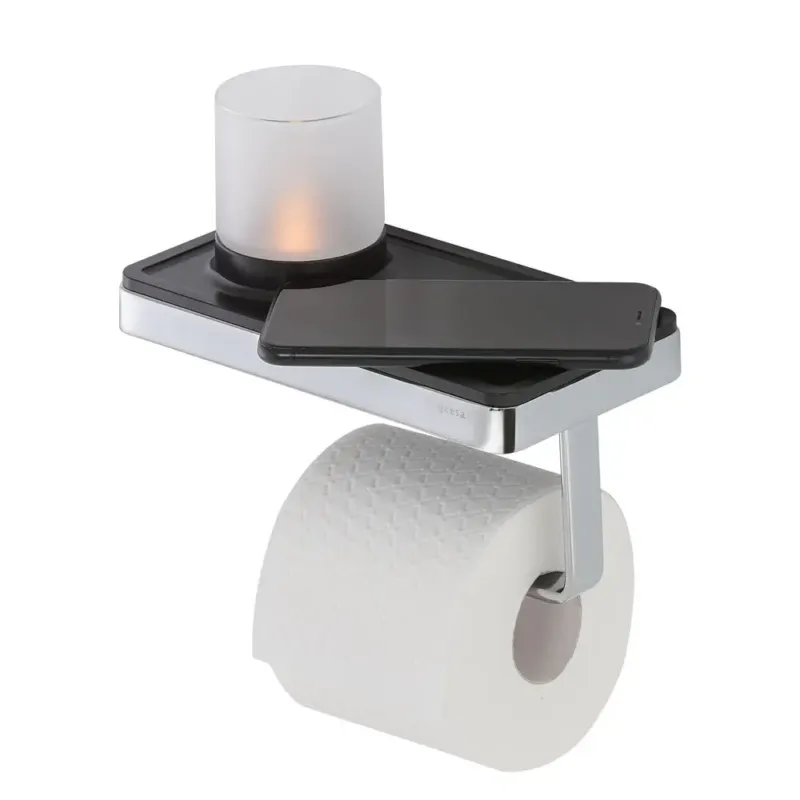 Geesa Frame toiletrolhouder met planchet en (LED licht)houder zwart/chroom Rechtstreeks Van De Fabrikant