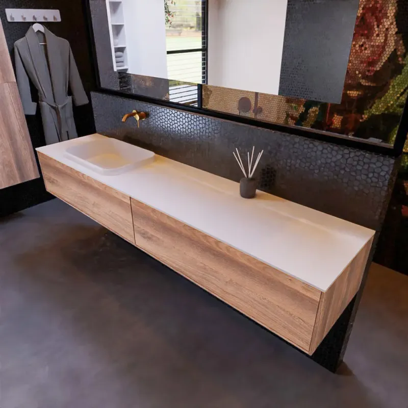 Fabrieksprijs Mondiaz Erin 200cm badmeubel Dark Brown Grey met 2 lades en witte wastafel links zonder kraangaten