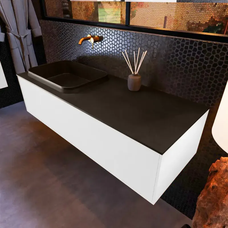 Bestseller Mondiaz Erin 120cm badmeubel Talc met 1 lade en zwarte wastafel links zonder kraangaten