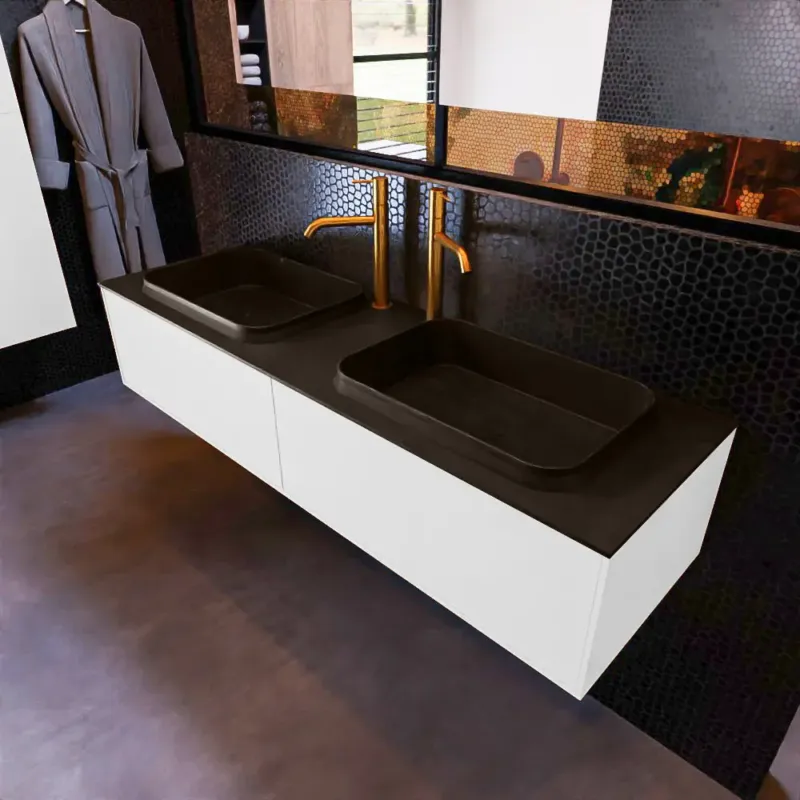 Mondiaz Erin 150cm badmeubel Talc met 2 lades en zwarte wastafel dubbel 2 kraangaten Gratis Retour