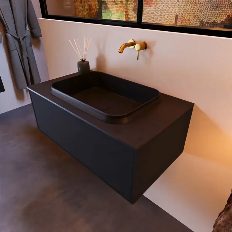 Aanbieding Mondiaz Erin 80cm badmeubel Urban met 1 lade en zwarte wastafel midden zonder kraangaten