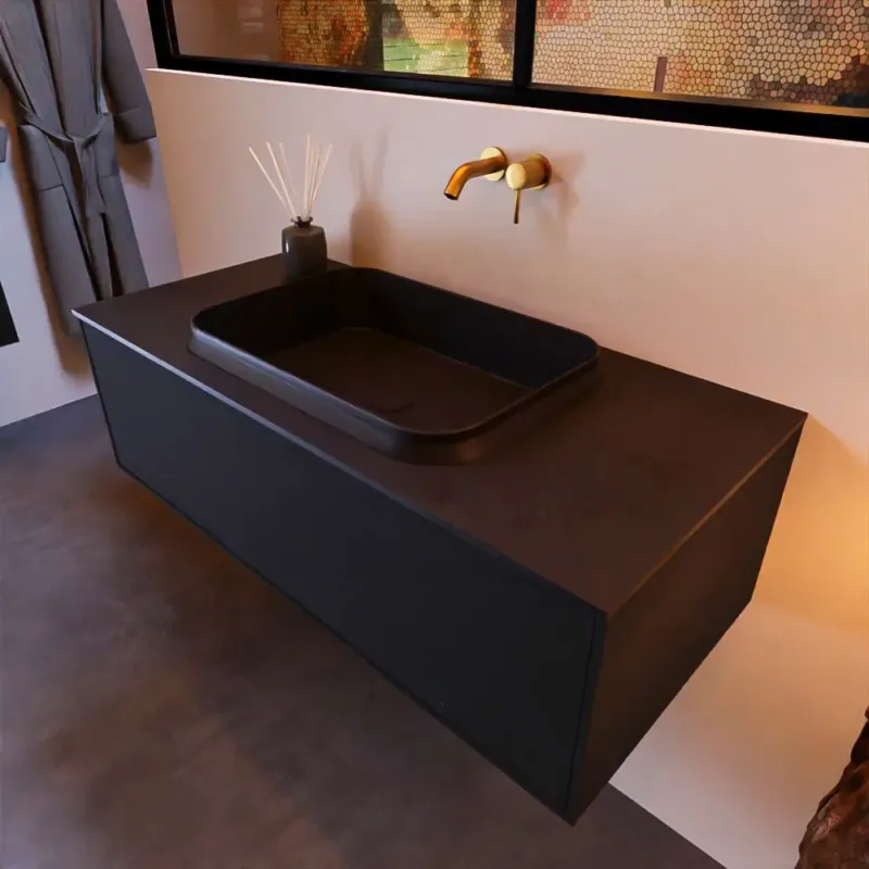 Mondiaz Erin 100cm badmeubel Urban met 1 lade en zwarte wastafel midden zonder kraangaten Flitsaanbieding