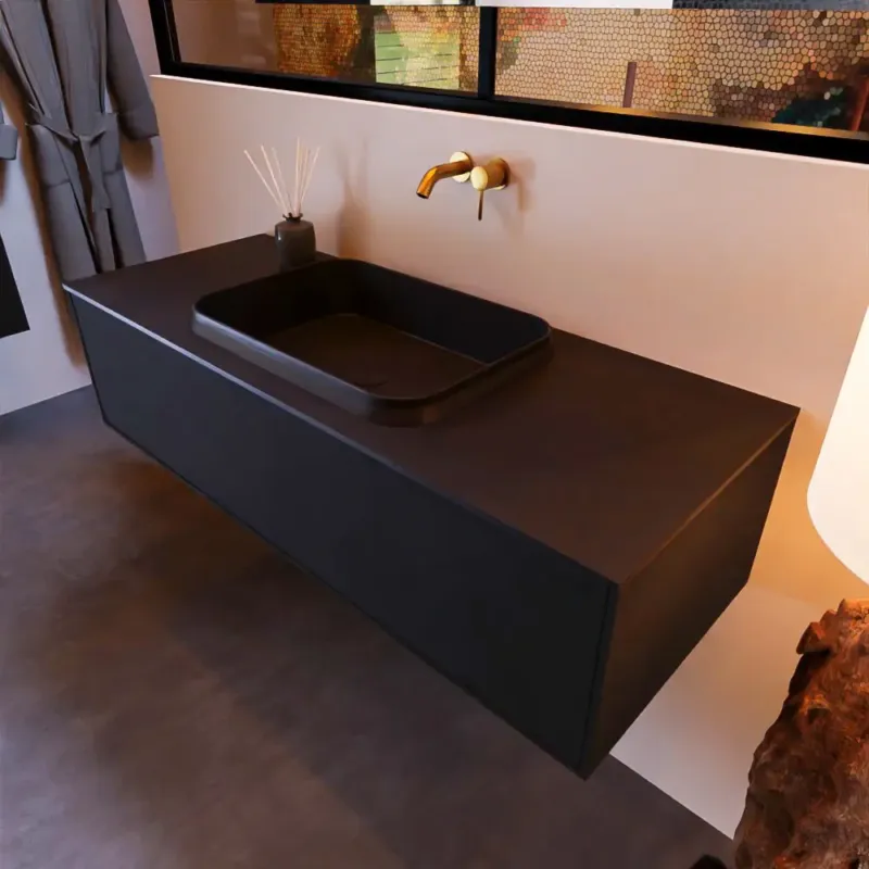 Flitsaanbieding Mondiaz Erin 120cm badmeubel Urban met 1 lade en zwarte wastafel midden zonder kraangaten