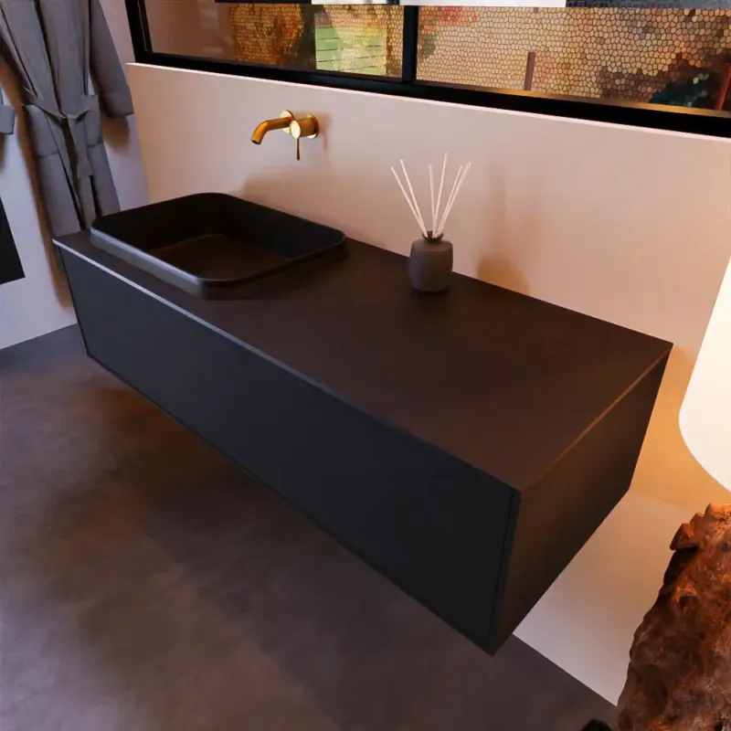 Mondiaz Erin 120cm badmeubel Urban met 1 lade en zwarte wastafel links zonder kraangaten Populair