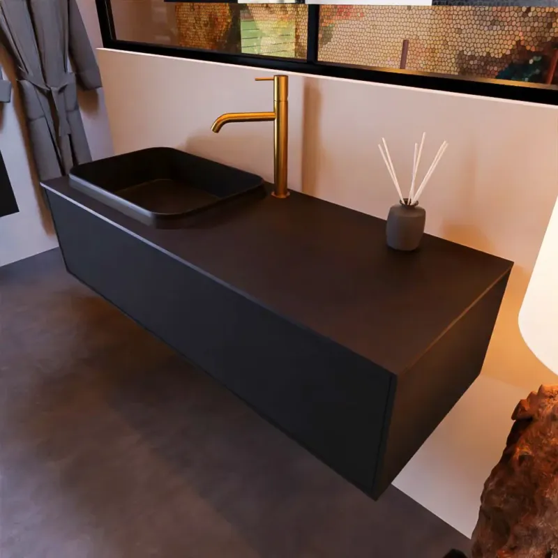 Betrouwbaar Mondiaz Erin 120cm badmeubel Urban met 1 lade en zwarte wastafel links 1 kraangat