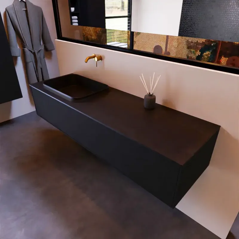 Mondiaz Erin 150cm badmeubel Urban met 1 lade en zwarte wastafel links zonder kraangaten Betrouwbaar
