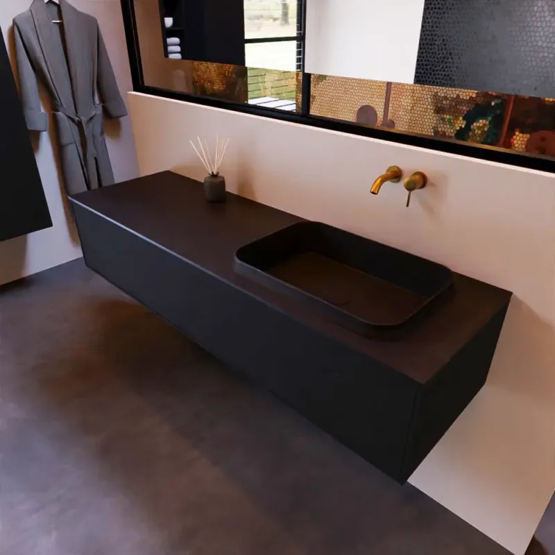 Lage Prijs Mondiaz Erin 150cm badmeubel Urban met 1 lade en zwarte wastafel rechts zonder kraangaten