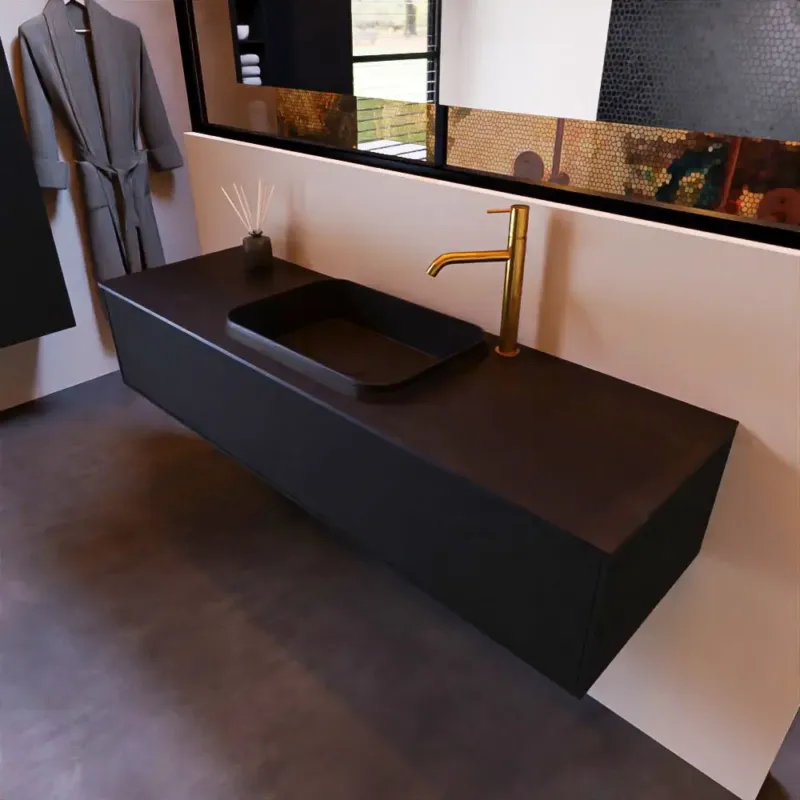 Beperkt Aanbod Mondiaz Erin 150cm badmeubel Urban met 1 lade en zwarte wastafel midden 1 kraangat