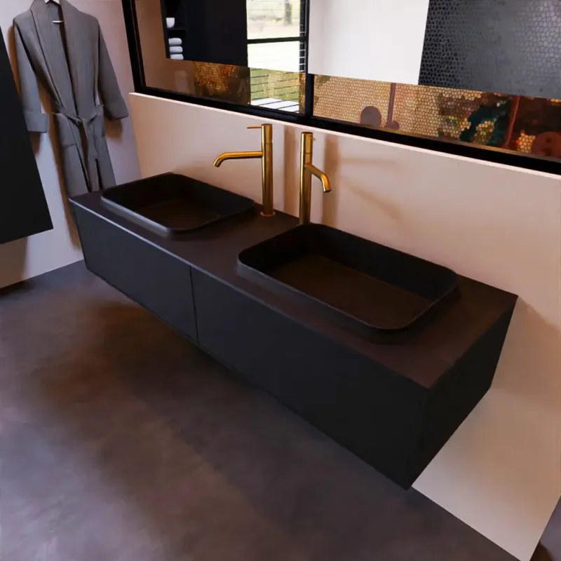Mondiaz Erin 150cm badmeubel Urban met 2 lades en zwarte wastafel dubbel 2 kraangaten Gereduceerde Prijs