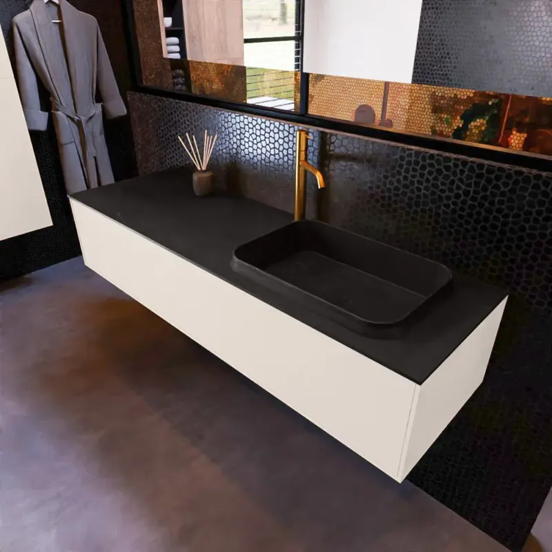 Mondiaz Erin 150cm badmeubel Linen met 1 lade en zwarte wastafel rechts 1 kraangat Finale Uitverkoop
