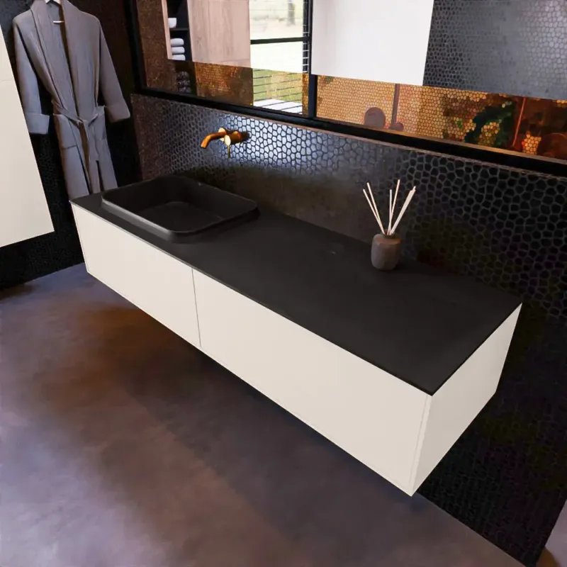 Mondiaz Erin 150cm badmeubel Linen met 2 lades en zwarte wastafel links zonder kraangaten Actieprijs