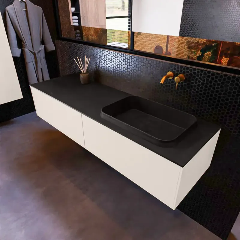 Mondiaz Erin 150cm badmeubel Linen met 2 lades en zwarte wastafel rechts zonder kraangaten Finale Uitverkoop