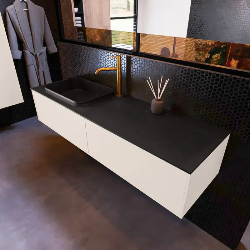 Meest Verkocht Mondiaz Erin 150cm badmeubel Linen met 2 lades en zwarte wastafel links 1 kraangat