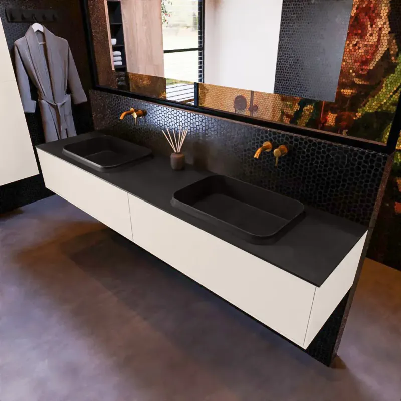 Mondiaz Erin 200cm badmeubel Linen met 2 lades en zwarte wastafel dubbel zonder kraangaten Nu Kopen