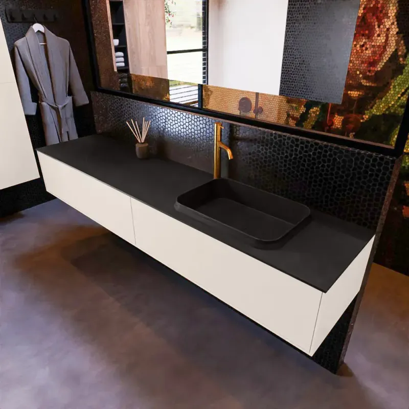 Mondiaz Erin 200cm badmeubel Linen met 2 lades en zwarte wastafel rechts 1 kraangat Alleen Vandaag