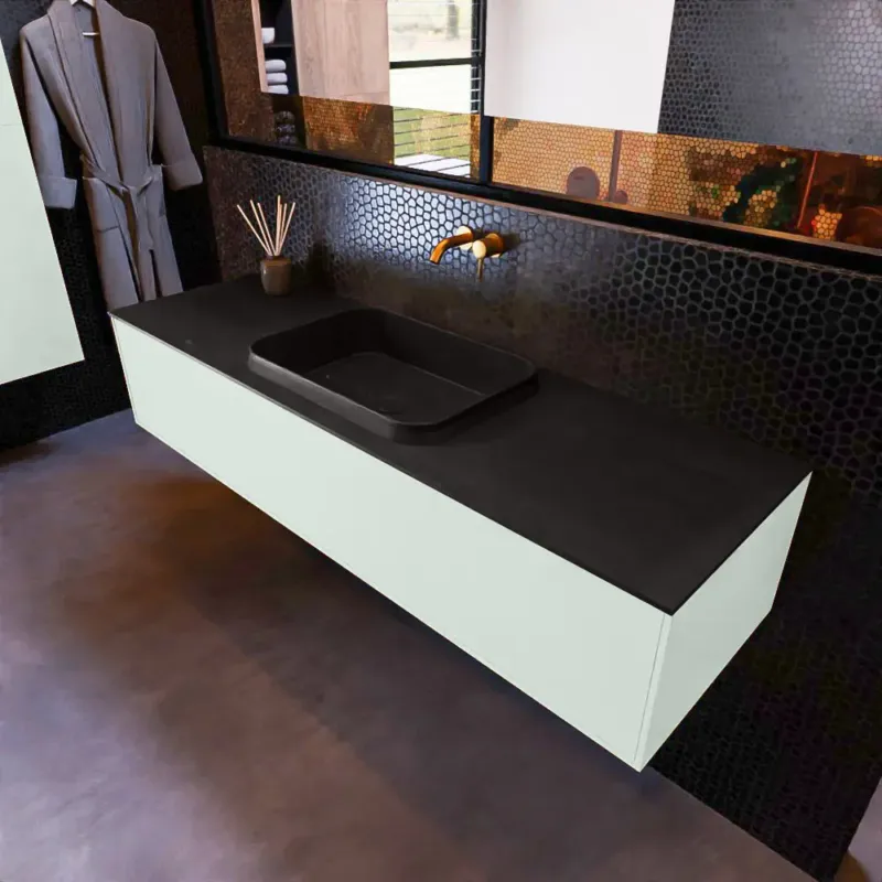 Mondiaz Erin 150cm badmeubel Greey met 1 lade en zwarte wastafel midden zonder kraangaten Exclusieve Aanbieding