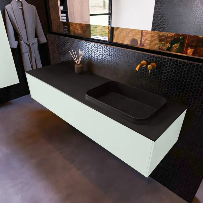 Mondiaz Erin 150cm badmeubel Greey met 1 lade en zwarte wastafel rechts zonder kraangaten Merkproduct