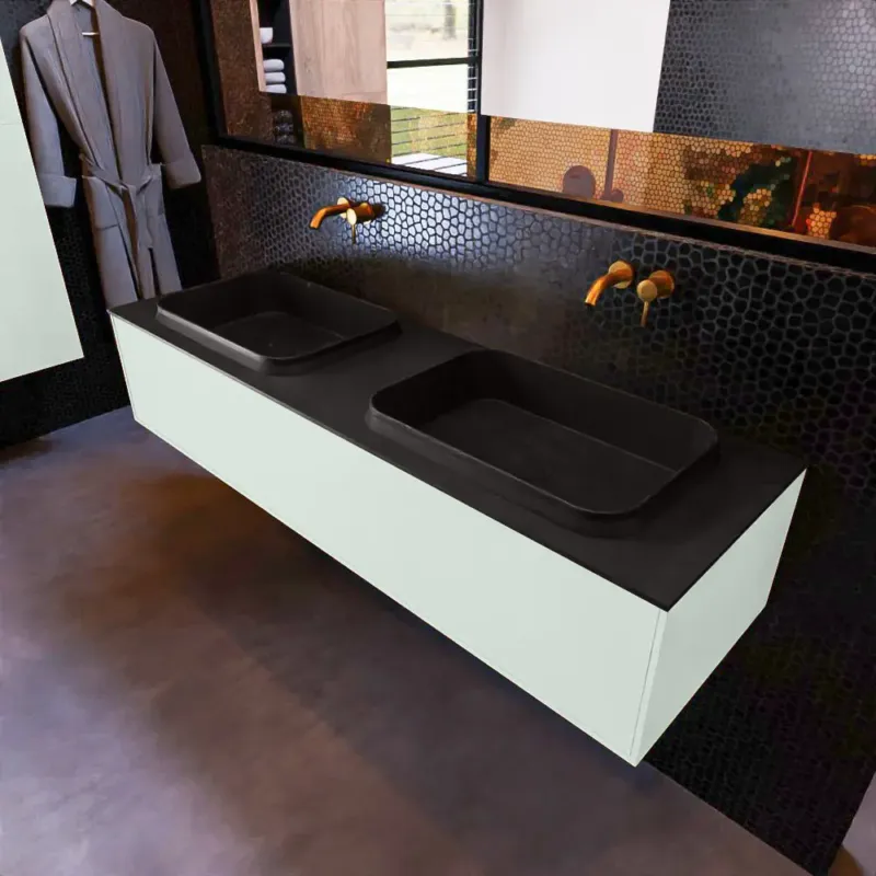 Mondiaz Erin 150cm badmeubel Greey met 1 lade en zwarte wastafel dubbel zonder kraangaten Lage Prijs