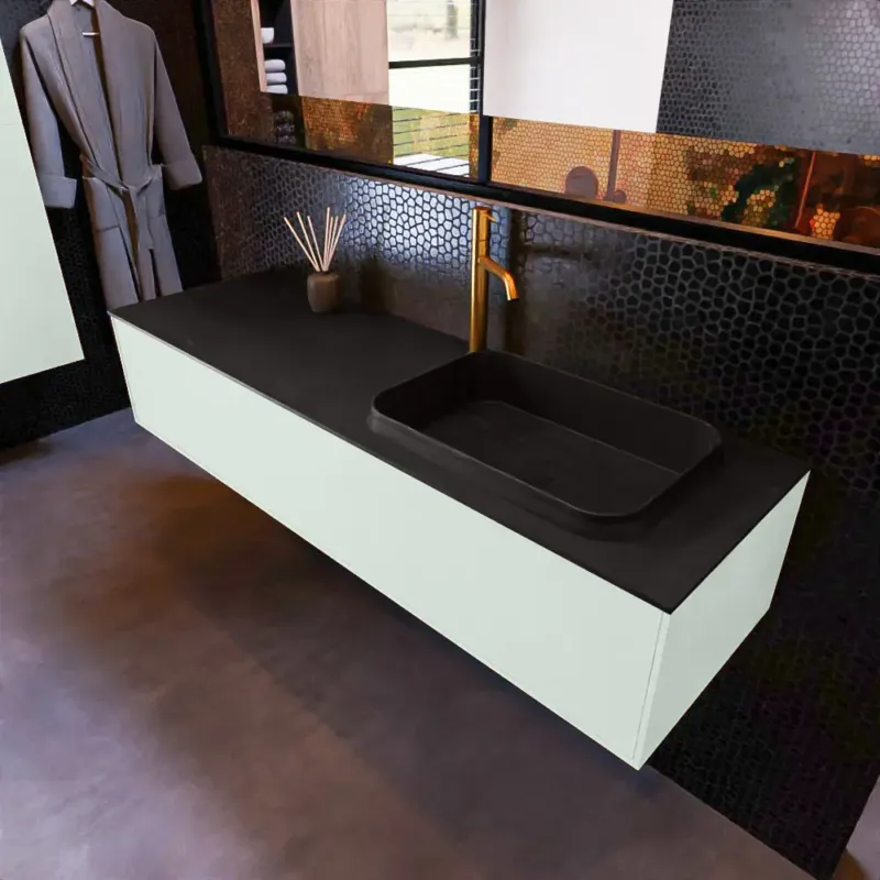 Exclusieve Aanbieding Mondiaz Erin 150cm badmeubel Greey met 1 lade en zwarte wastafel rechts 1 kraangat
