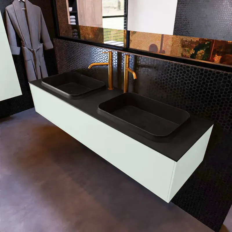 Veilige Betaling Mondiaz Erin 150cm badmeubel Greey met 1 lade en zwarte wastafel dubbel 2 kraangaten